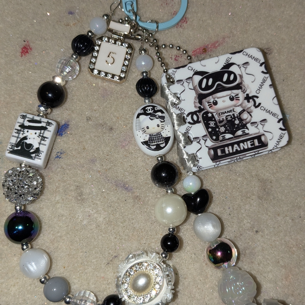 Chanel Black and White Beaded Keychain